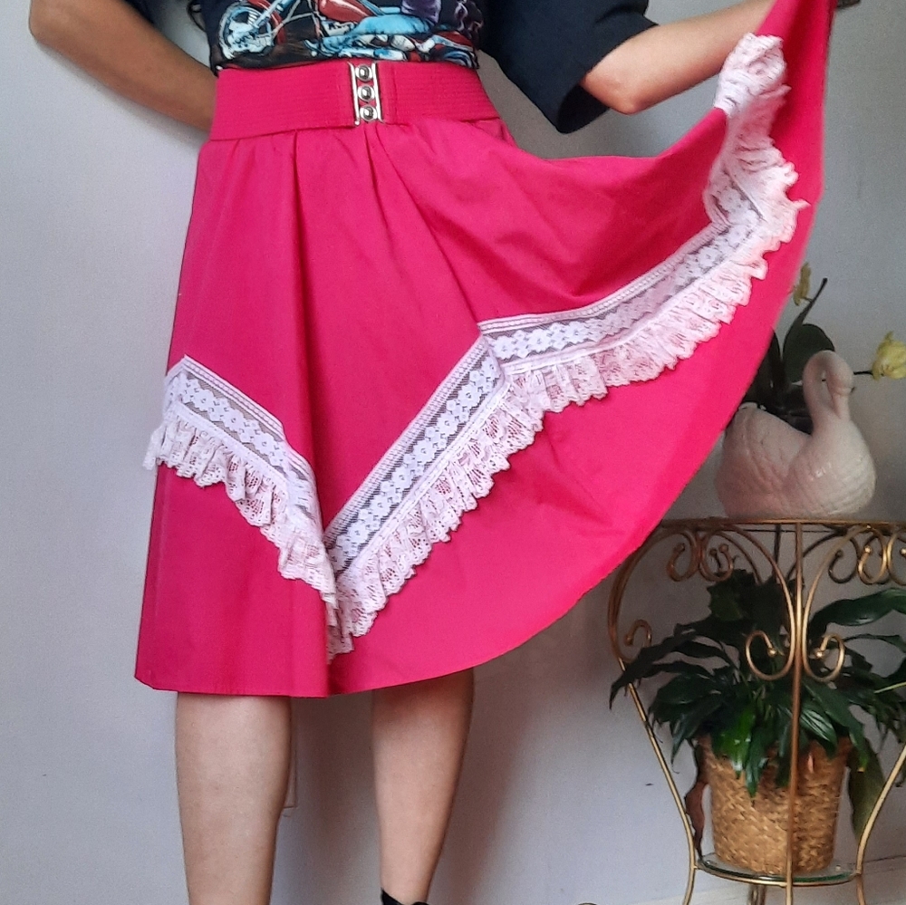 Vintage hot pink Mexican lace details circle skirt